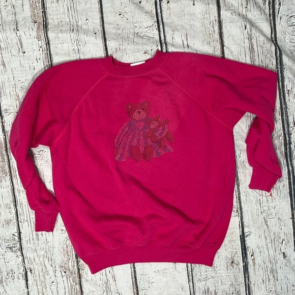 Vintage 90s Teddy Bear Dark Pink Crewneck Pullover Sweatshirt Women's - Picture 1 of 4